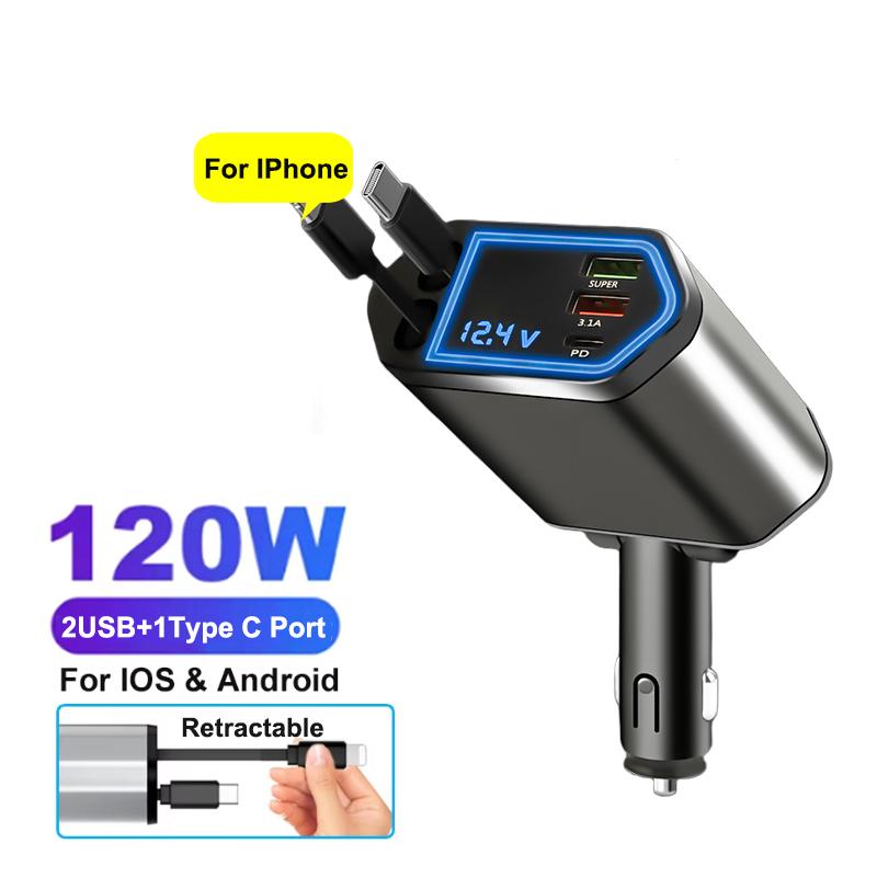 120W 5 In 1 Retractable Car Charger USB C Cable 3 Ports with Retractable Cords with Volt Display For IPhone Huawei Samsung