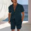 Conjunto de Camisa de Gola Cubana de Manga Curta e Shorts de Verão Masculino, Conjunto Casual Leve de Duas Peças com Caimento Relaxado