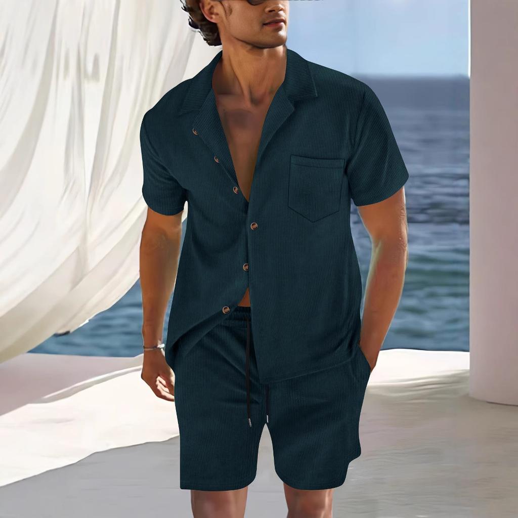 Conjunto de Camisa de Gola Cubana de Manga Curta e Shorts de Verão Masculino, Conjunto Casual Leve de Duas Peças com Caimento Relaxado