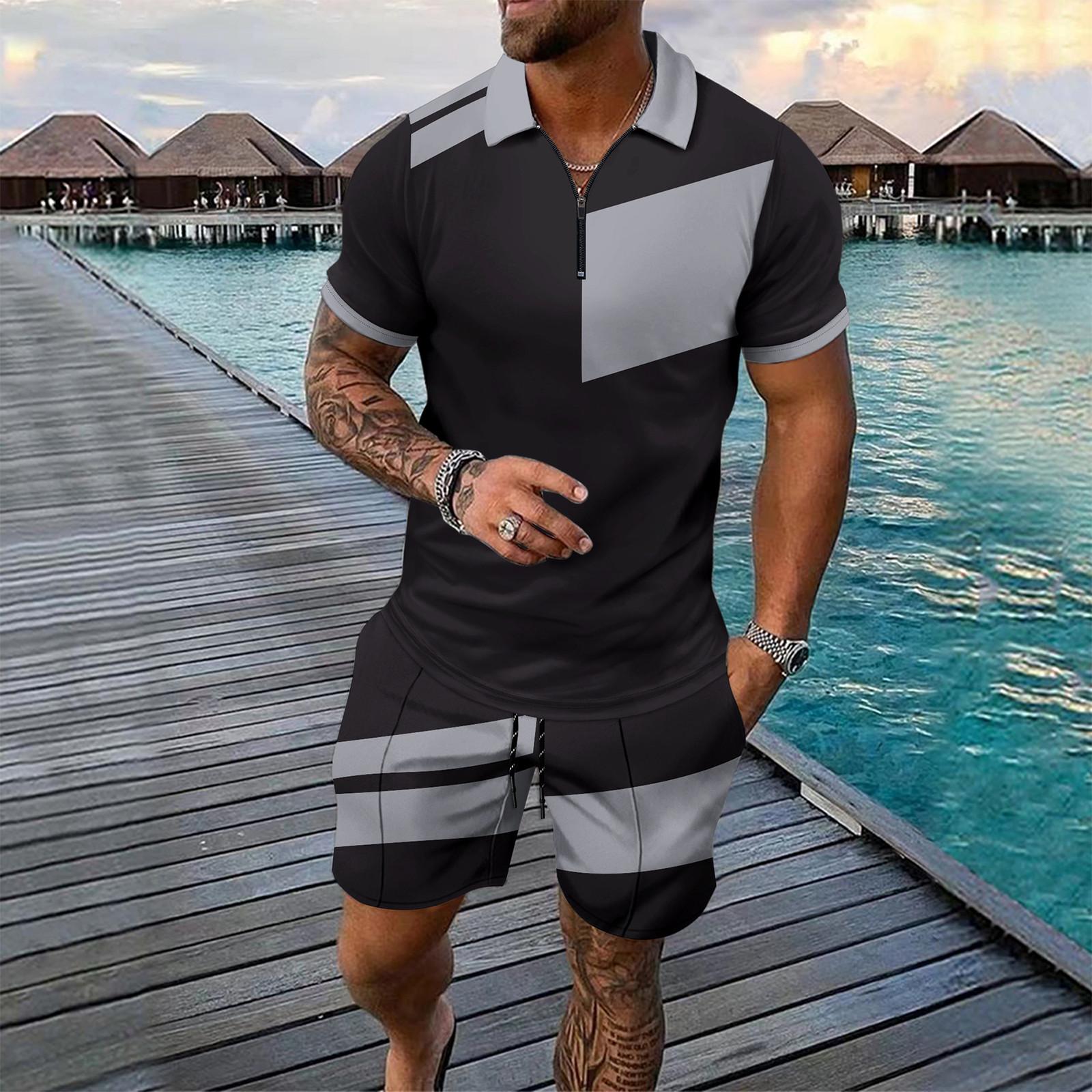 

Men S Color Casual Collar Short Sleeved Shorts Two-Piece Set L срібний