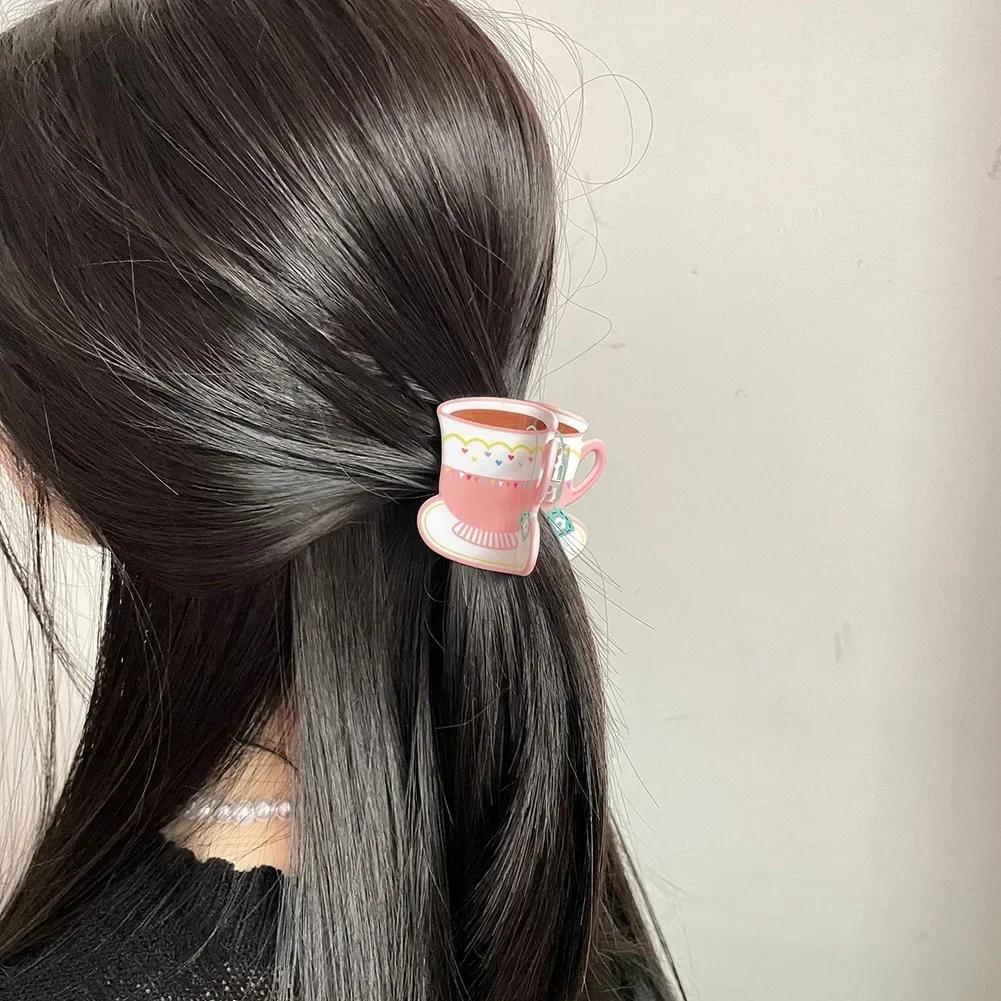 Sweet Cute Pastoral Flower Print Cup Shark Hairpin For Women Girls Creative Coffee Cup Shape Hair Clip Claw Hair Accessories
