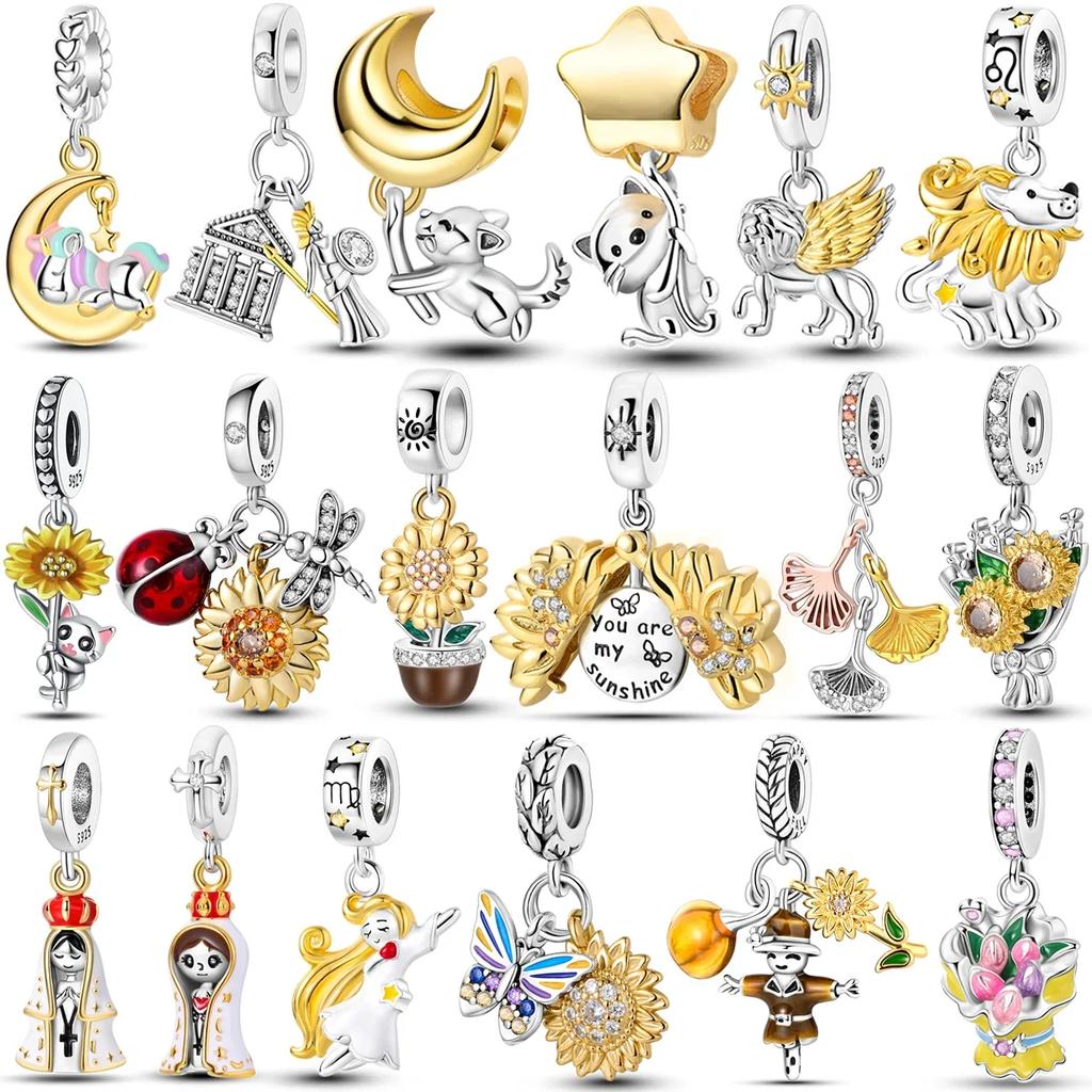 Fit Original Bracelet Golden Color Charms Beads Copper Pyramid Sunflower Cat Moon Star Dangle Diy Jewelry