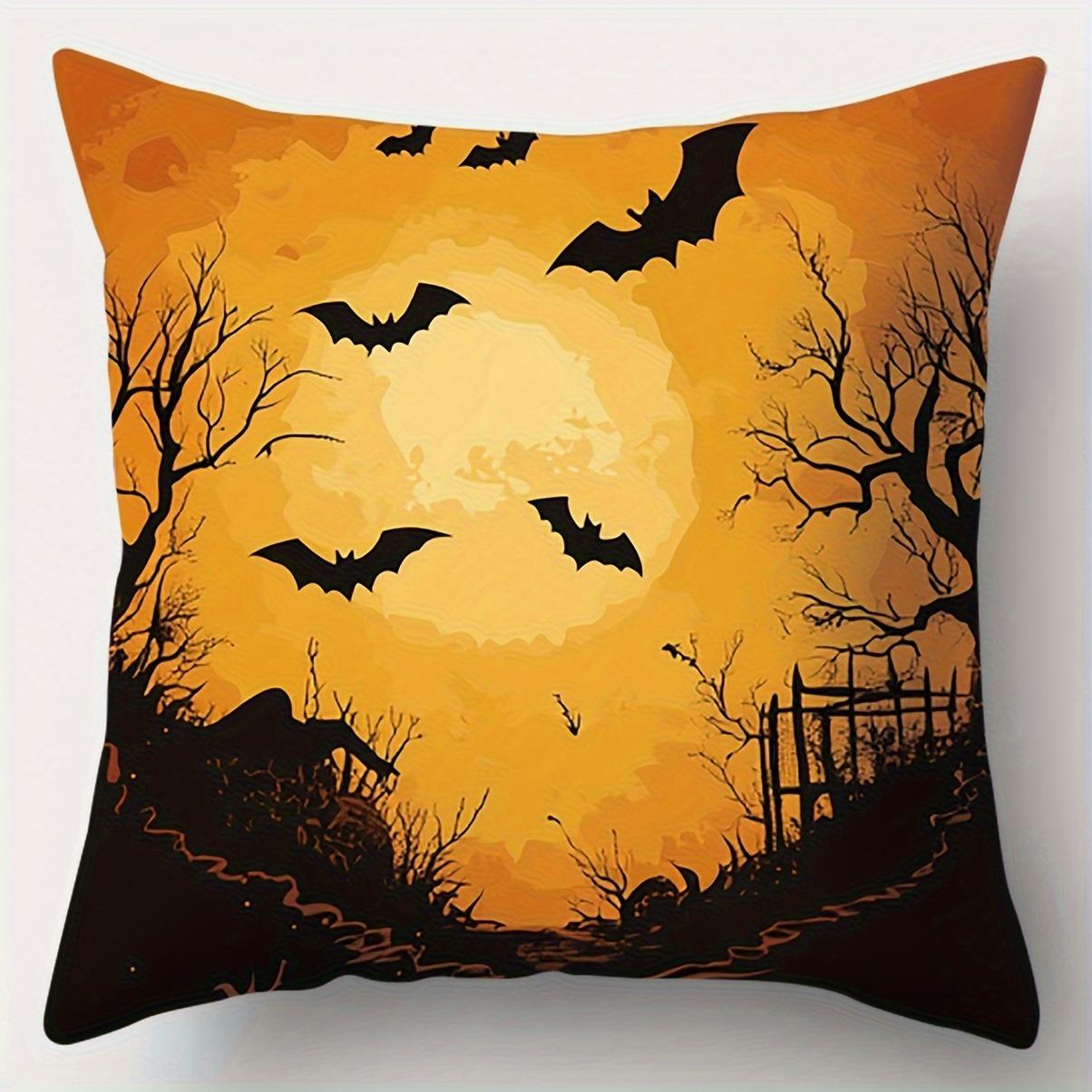 

Home Decor Halloween: Spooky Houses, Bats & Full Moon Pattern Cushion Cover Suitable For Sofa Bedroom Car Pillow Cover 16x16Inch