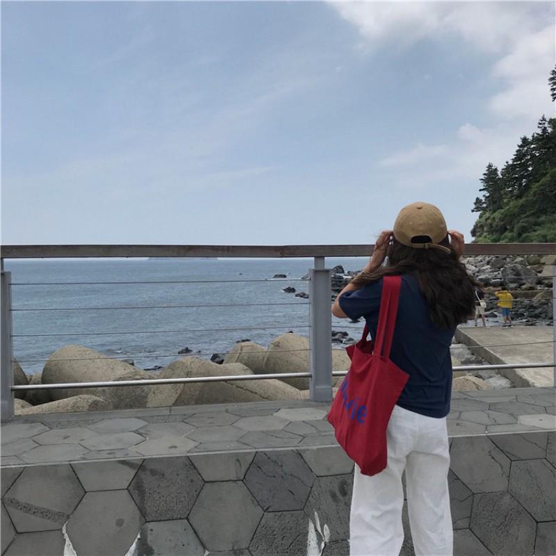 Korean Version Ins Same Model Red Canvas Bag Casual Letter Printed Shoulder Large Capacity Student Schoolbag