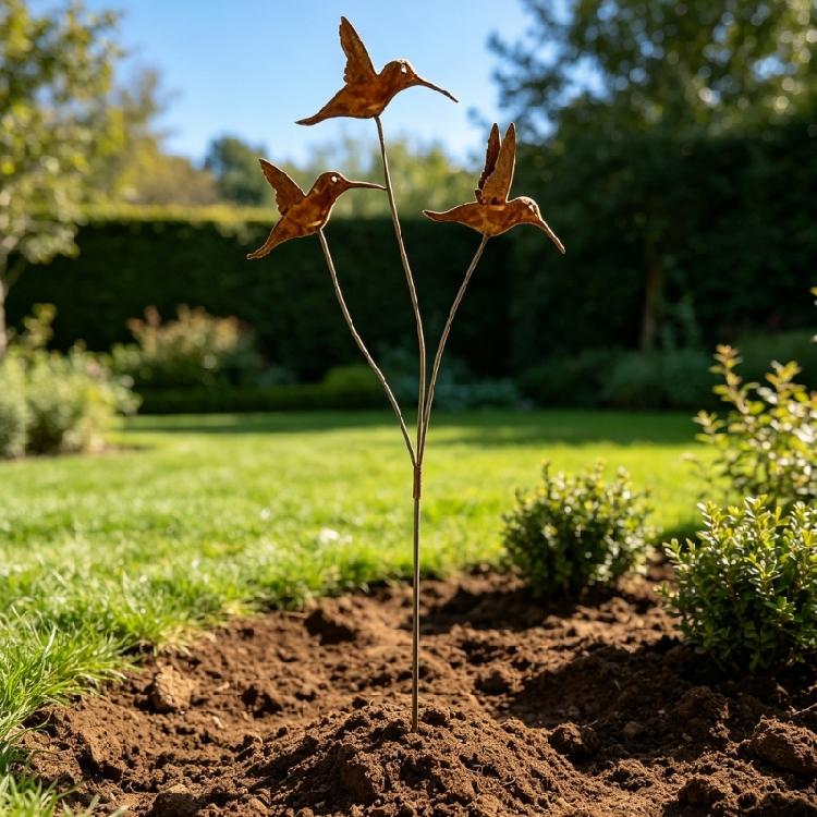 Decorative Wrought Iron Hummingbird Spikes Stake Handmade Bird Sculpture for Instants Garden Beautification