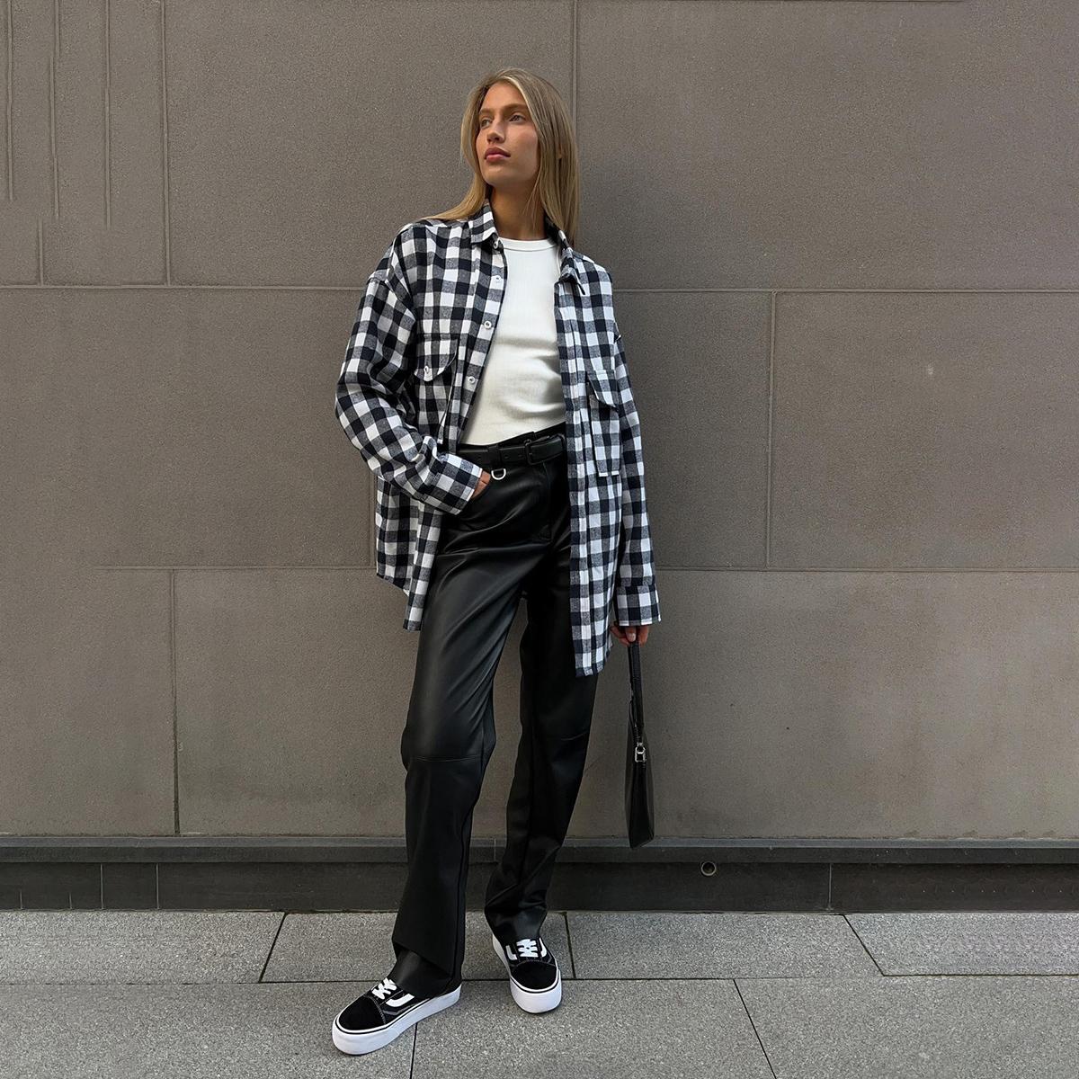 Женские весенне-осенние темпераментные клетчатые рубашки с воротником и длинными рукавами — фото 14