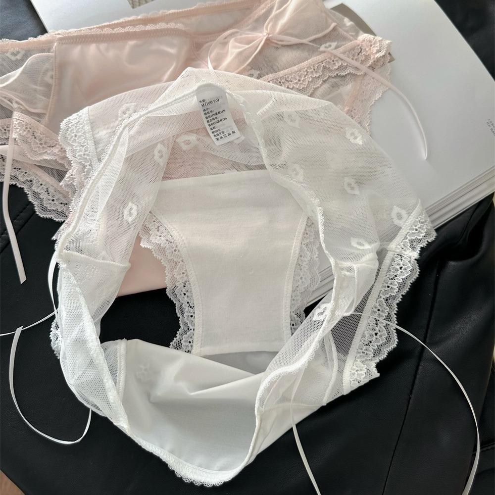 French Luxury Satin Lace Panties Women's Sexy Briefs Bow Sweet Underwear