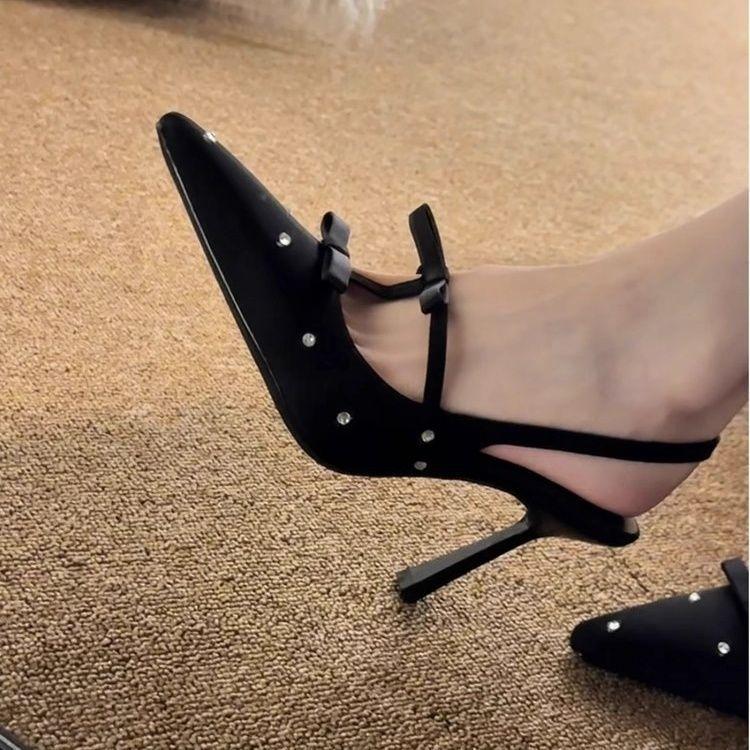 2025 new retro polka dot rhinestone bow high heels shallow mouth pointed thin heel versatile sexy women's single shoes