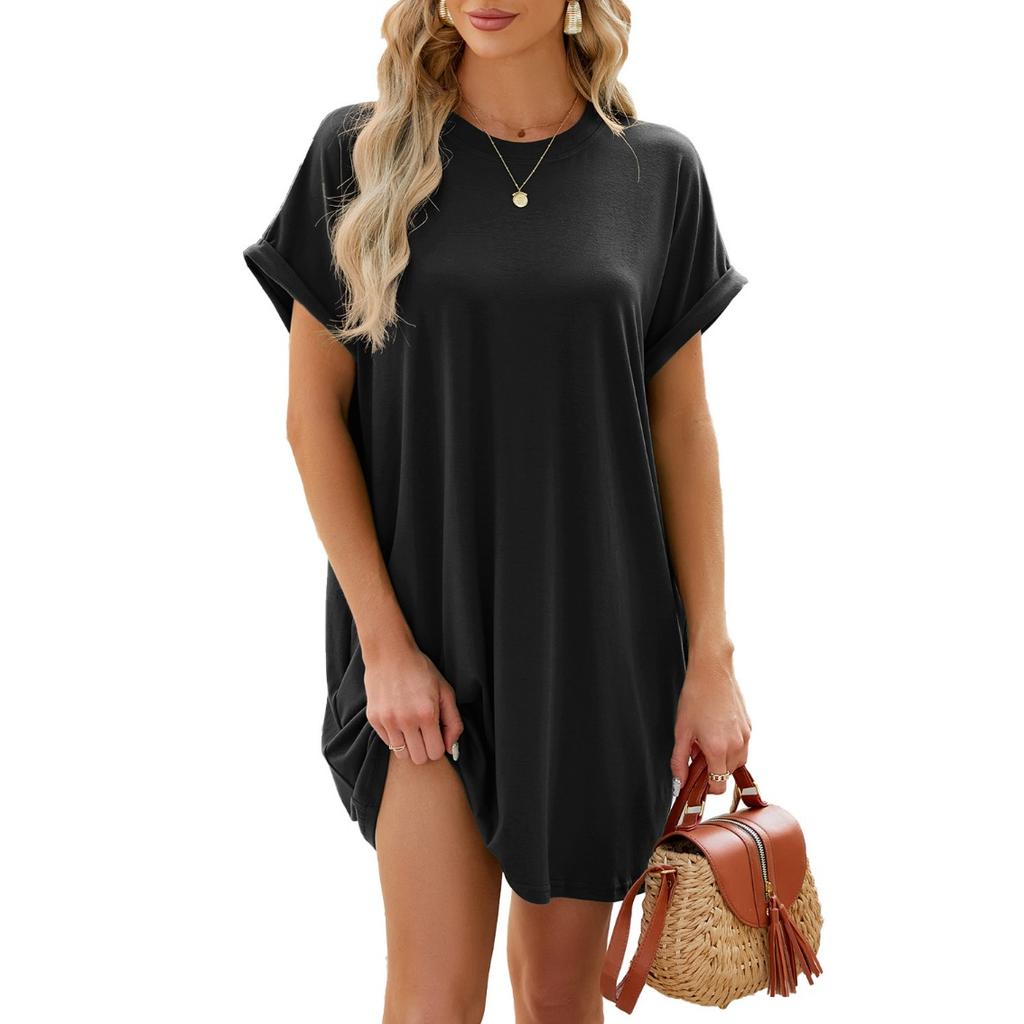 IHUASU Spring/Summer Solid Color Round Neck Loose Pocket Short Sleeve Women's Dress