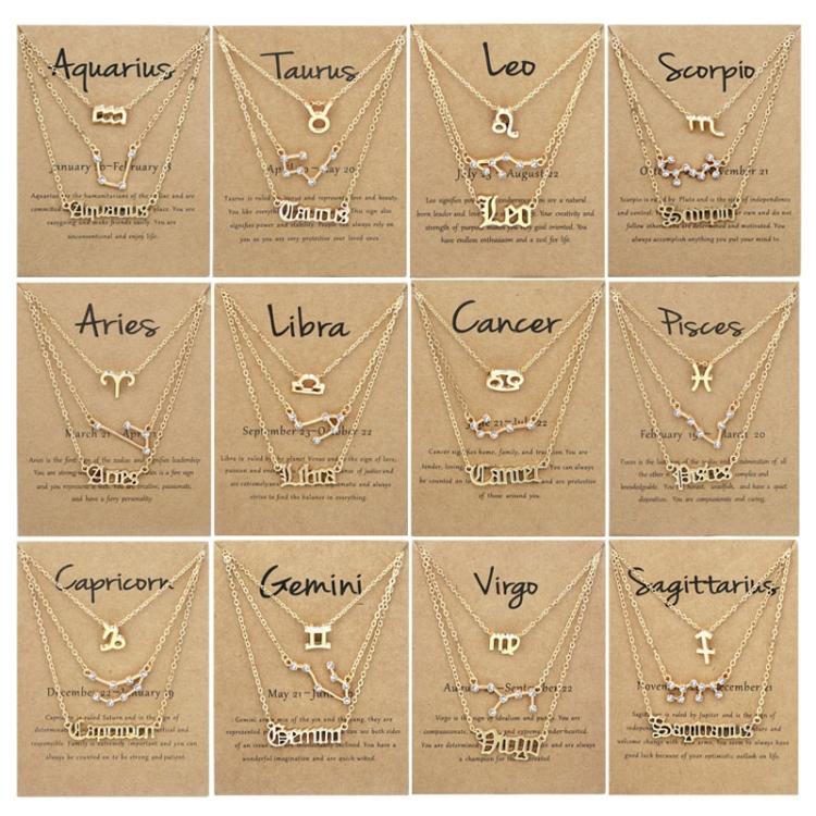 3 In 1 12 Zodiac Signs Necklace Set Retro Alphabet Symbols With Diamonds Jewelry Set