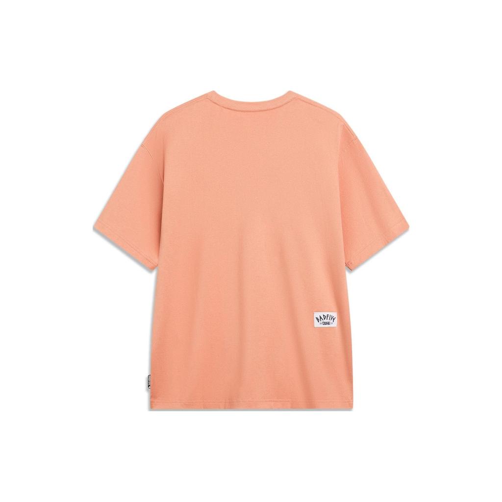 Li Ning Sports Basketball Series Printed Letter Round Neck Loose Short Sleeve T-Shirt Men Tops Sunset-Orange AHST301-5