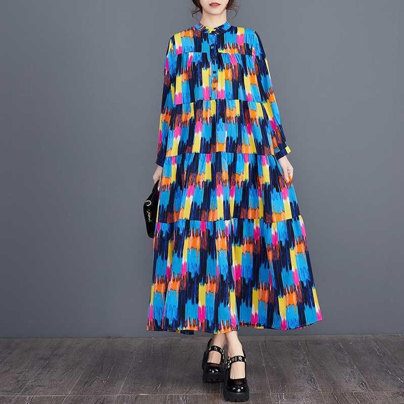 Spring and Summer New Loose Large Size Fashion Print Splicing Long Sleeve Cake Dress Dress