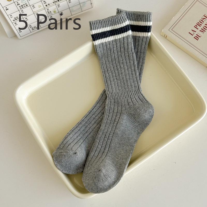 5 Pairs of Female Autumn and Winter Two Bar Striped Mid Tube Socks