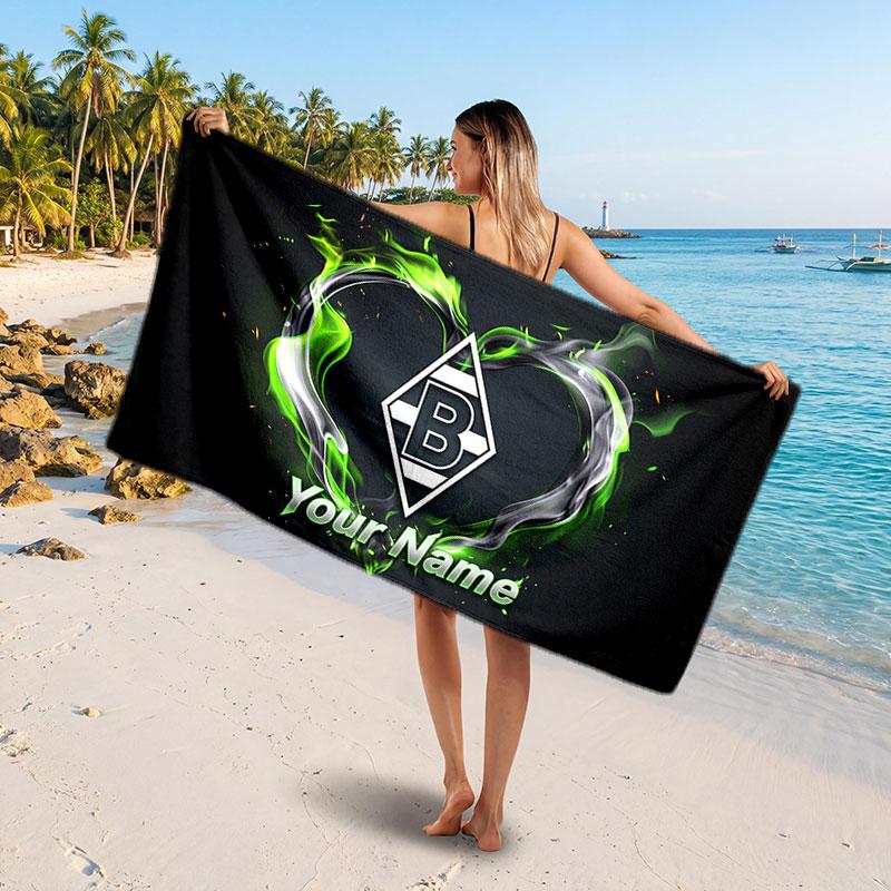 Borussia Mönchengladbach Benutzerdefiniertes Strandtuch, Personalisierter Name Textdruck, Fußballlogo Weiches Schnelltrocknendes Handtuch Urlaubsgeschenk