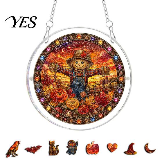 Stainless Steel Chain Suncatcher Acrylic Jigsaw Puzzle Suncatcher, Stained Glass Style Halloween Skeleton Ghost Window Hanging Decoration Sun Catcher B