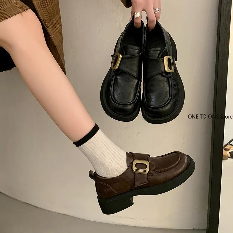 Fashion Vintage Thick Soled Loafers Women Shoes 2025 Autumn New Mary Jane Coarse Heel Round Head Versatile Fashion British Leather Shoes