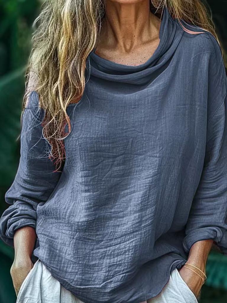 Spring New Women's Casual Loose Fashion Long Sleeve Solid Pile Knit Turtleneck Ruffled Top