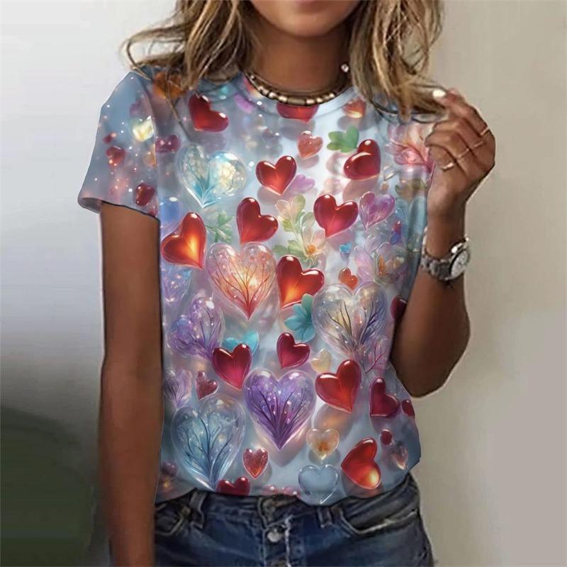 3D Colorful Love Heart Print T Shirt Pretty Women's Clothing Ladies Fashion Casual TShirt Girls Oversized Short Sleeve Tops Tees