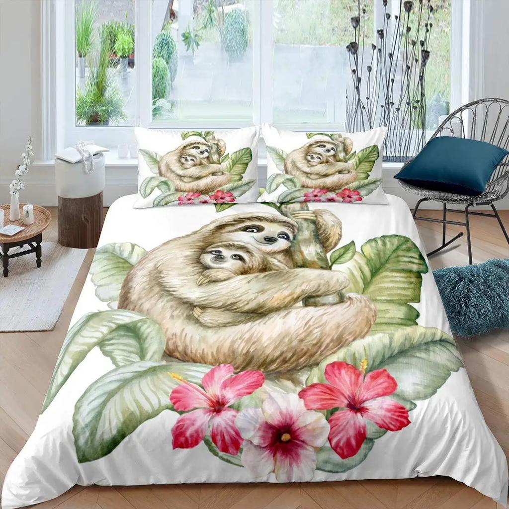 Floral Sloth Cartoon Cute Sloth Duvet Cover Flowers Sloth Animal Cover Kids Boys Girls Gifts Bedding Sets for Bedroom Decortion