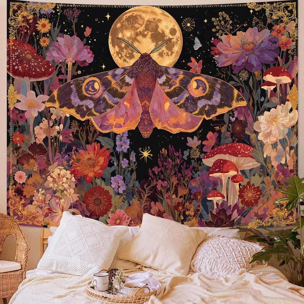 VIKAMA Yellow Butterfly Moonlight Flower Tapestry Retro Bohemian Style Living Room Dormitory Wall Hanging Home Decor