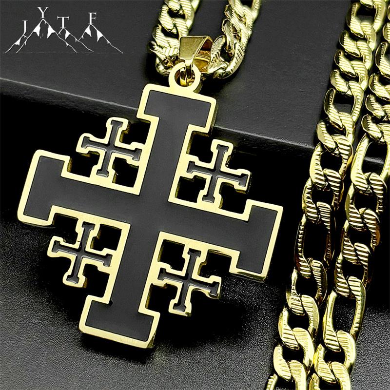 Křesťanský černý smaltovaný jeruzalémský kříž přívěsek náhrdelník pro muže nerezová ocel zlatá barva Hip Hop řetízek amulet šperky dárek