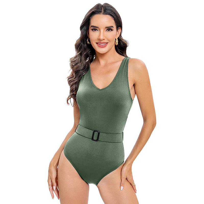 Women's Sexy Solid Color Belted Deep V Tummy Control One-Piece Swimsuit