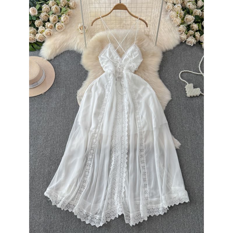 White Moonlight Dress Women's French Pure Desire Atmosphere Lace Splicing Sling Fairy Dress Niche Style Chic Vacation Skirt