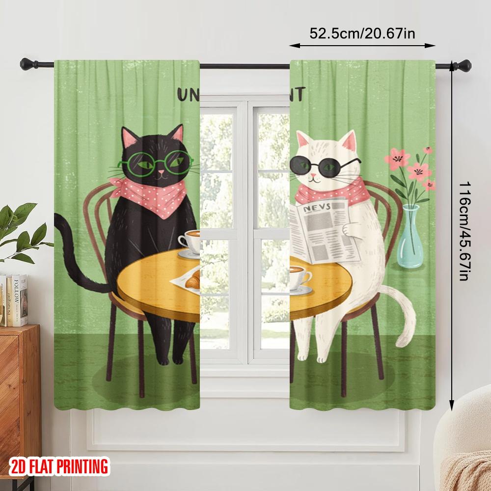 2pcs 2D flat printing Window Curtains Cute Cats Croissant Cafe Fabric Without Electricity Festive Curtains Perfect for General