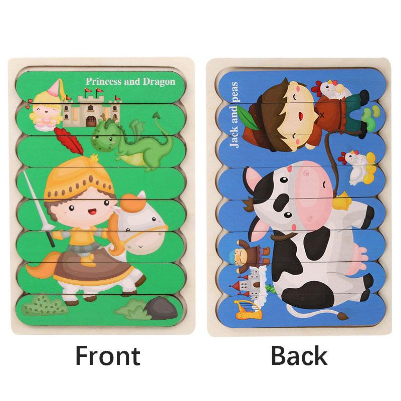 Cartoon Animal Double-sided Strip Wooden Puzzles Kids Montessori Jigsaw Game Baby Educational Toys for Children