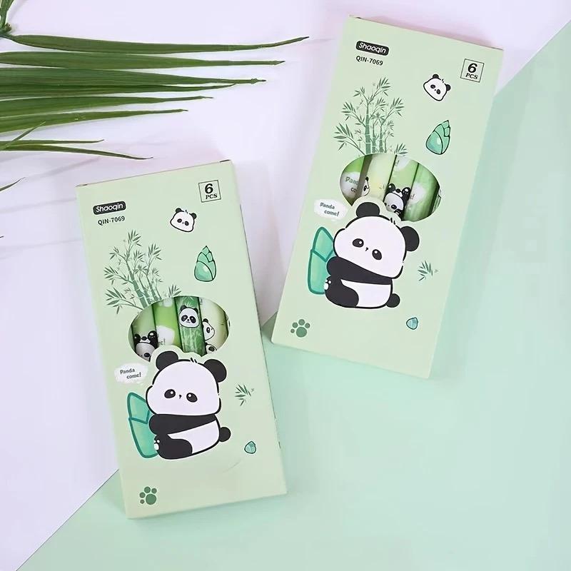 6pcs Cute Panda Gel Pens - Durable Black Ink, Vibrant Green & Light Blue Barrels with Adorable Panda Designs