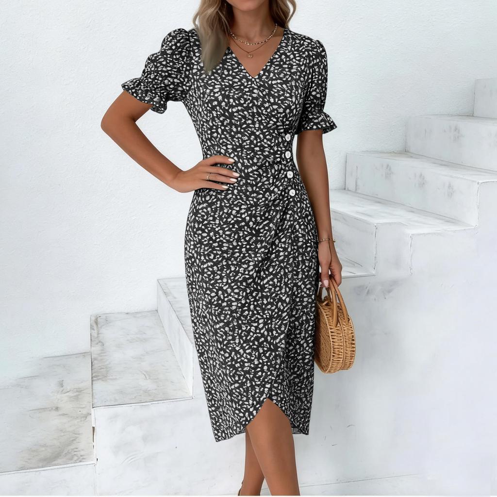 Women's Summer Casual Dress V Neck A-line Boho Ditsy Floral Flounce Sleeve Wrap Hem Dress