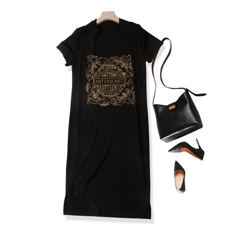 

Large Area Water Soluble Drill! European Station Women s Short-Sleeved Cotton Tiger Head over the Knee Small Split Summer Dress Slim Looking Black 4XL