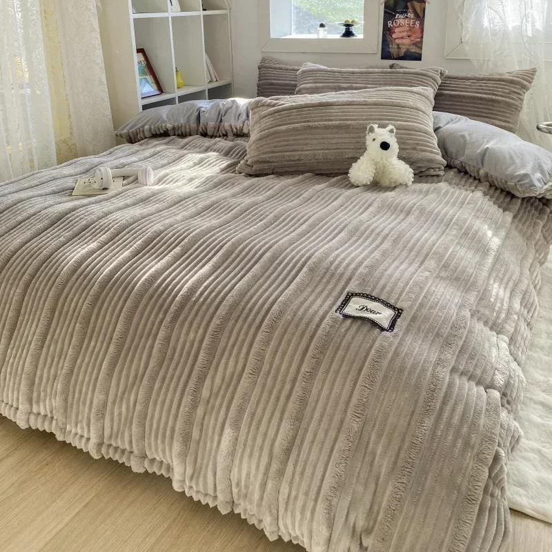4PCS/set Thick Solid Color Velvet Duvet Cover Winter Warmth Bedding Set Double Quilt Cover Twin Queen King Comforter Cover