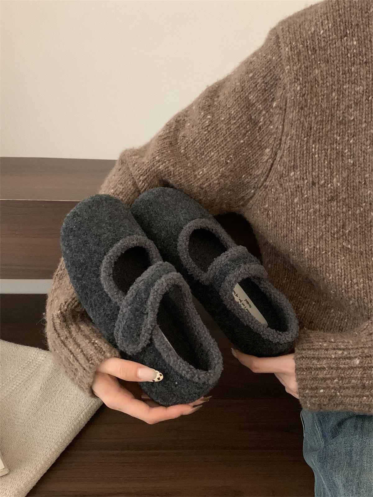 

Женские бархатисто-серые туфли Мэри Джейн Birkenstocks с пушистой отделкой, женская зимняя обувь, корейская версия шерстяных хлопковых туфель 39 темно-серого