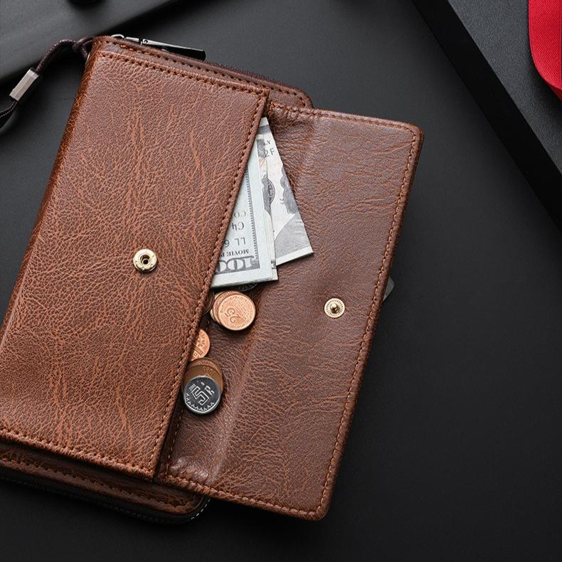 Men’s Leather Long Wallet RFID Blocking Clutch Wallet Large Capacity Zipper Bifold Purse Card Holder Coin Pocket Wrist Strap