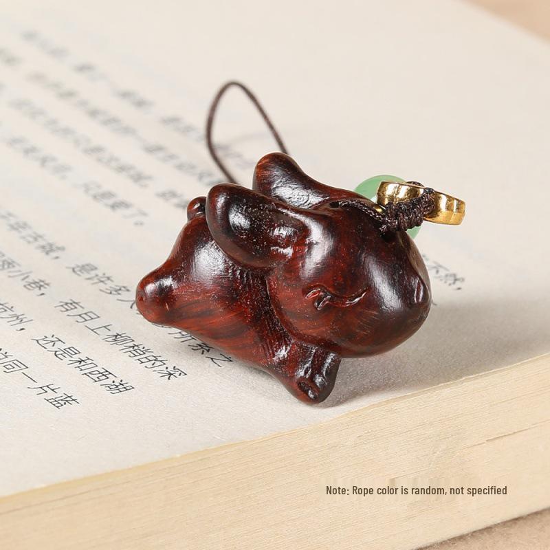 Green Sandalwood Rabbit Zodiac Keychain Pendant - Solid Carved Wood Ornament, Cute Year of the Rabbit Gift