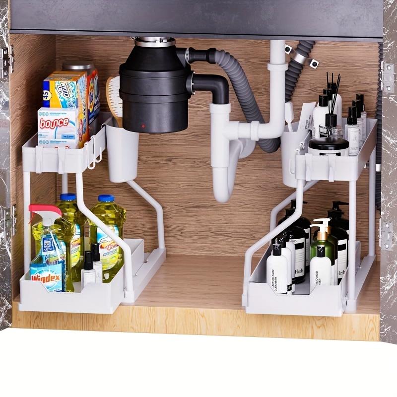 Space-Saving 2-Tier Pull-Out Storage Rack - Durable Plastic, Ideal for Kitchen & Bathroom Organization, Holds Bottles, Spices, and Utensil