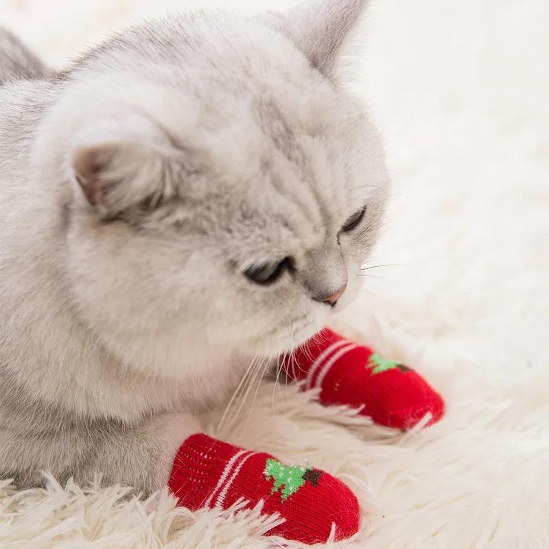 4pcs Cute Cat Socks, Anti-Slip Paw Protector, Comfortable Cotton Knit Indoor Shoes for Small Cats, Autumn Winter Pet Footwear