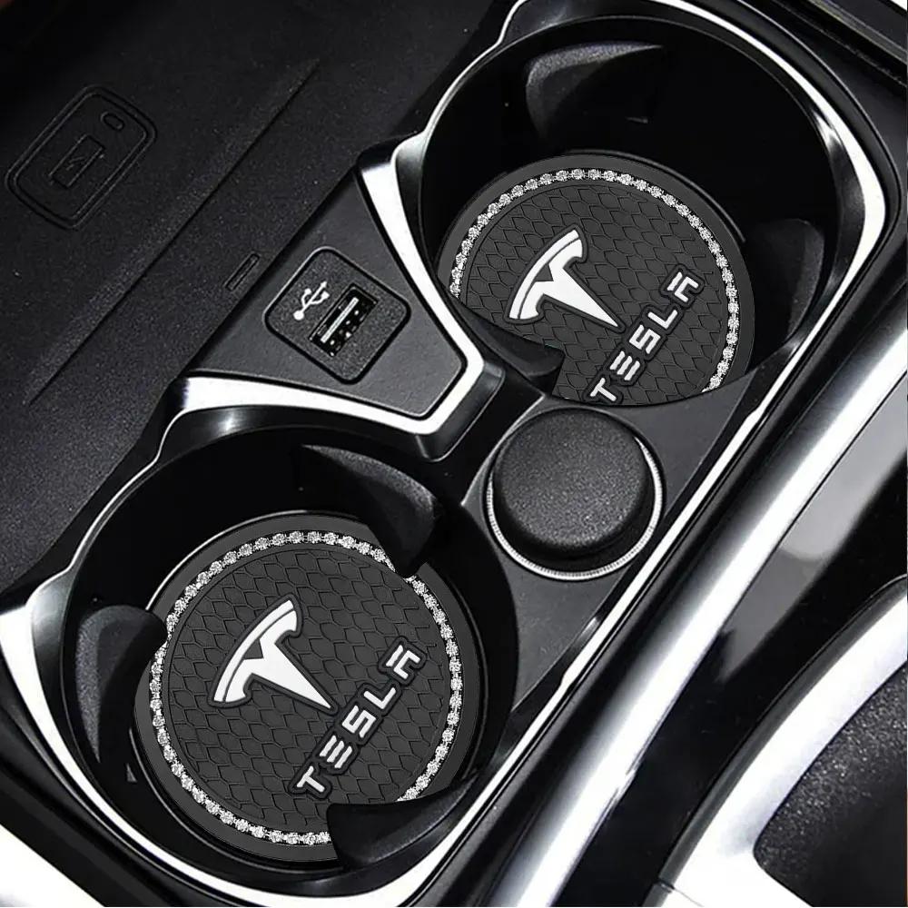 Sticker 2025 New Tesla 1/2PCS Car Coasters Rubber Water Cup Bottle Holder Anti-slip Pad For Tesla Model 3 Model S X Model Y