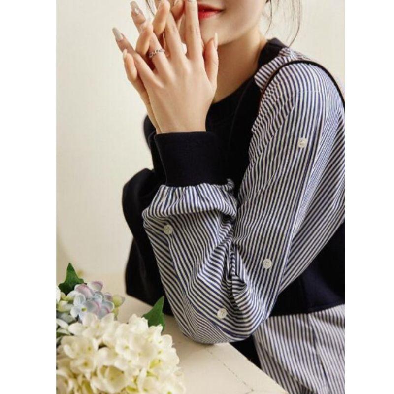 Spring New Cross-Border Fashion Korean round Neck Thin Stripe Patchwork Loose Casual Simplicity Long sleeve Hoodie Top Women