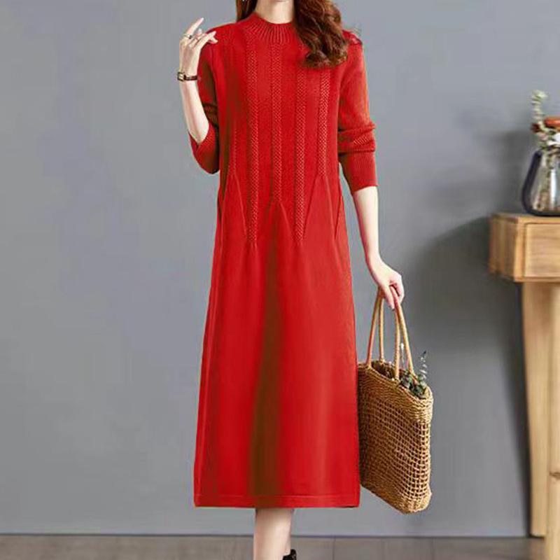 

Вязаное платье для женщин на осень и зиму, длинное, свободного кроя, однотонное, длиной до колена, платье-свитер, жаккардовый свитер с полувысоким воротником S красный
