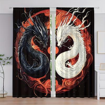 2pc Yin-Yang Dragon Curtains – Black & White Eastern Myth Design for Living Room   Bedroom & Kitchen – Home Decor