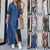 Fashion Womens Casual Loose Sexy Long Sleeve  Pocket Button Shirt Print Dress