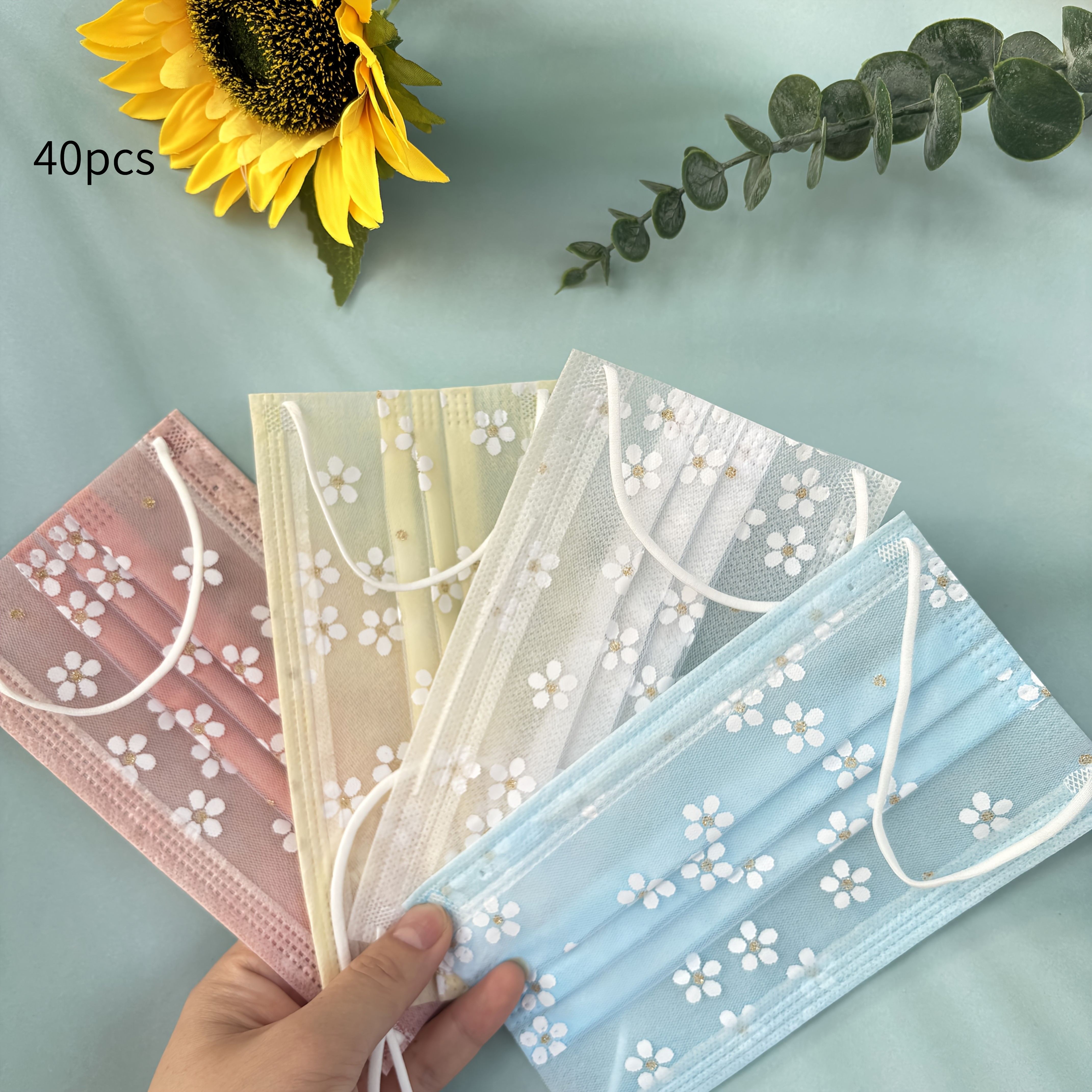 

40 шт. Одноразовые двухслойные летние маски для лица, Тонкие и дышащие, Милые и стильные, Дизайн с кружевом «Цветущая сакура», Удобная эластичность для выхода 40pcs
