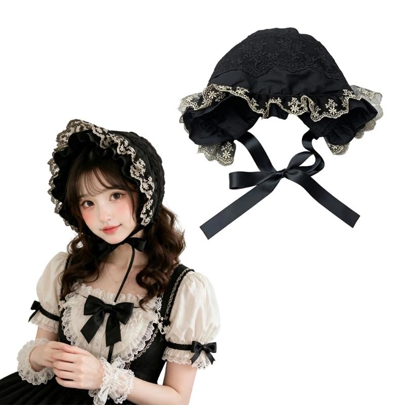 Gekräuselte Spitzenhaube mit Blumenstickerei und faltbarem Design für Cosplay, Anime-Maid und Theaterkostüm-Styling