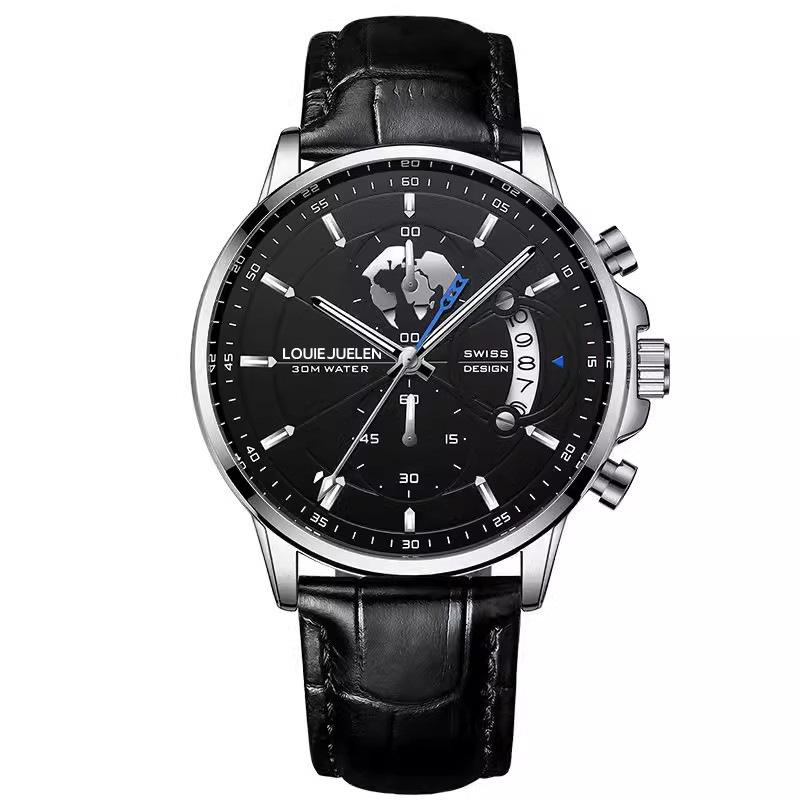Fashion Business Three-Eye Timing Leather Luminous Watch Steel Belt Personalized Watch Men S Waterproof Quartz Watch