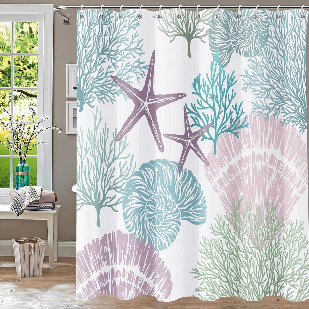 Nautical Coastal Shower Curtain Starfish Seashell Coral Ocean Beach Themed Bath Curtains Fabric Bathroom Decor with Hooks