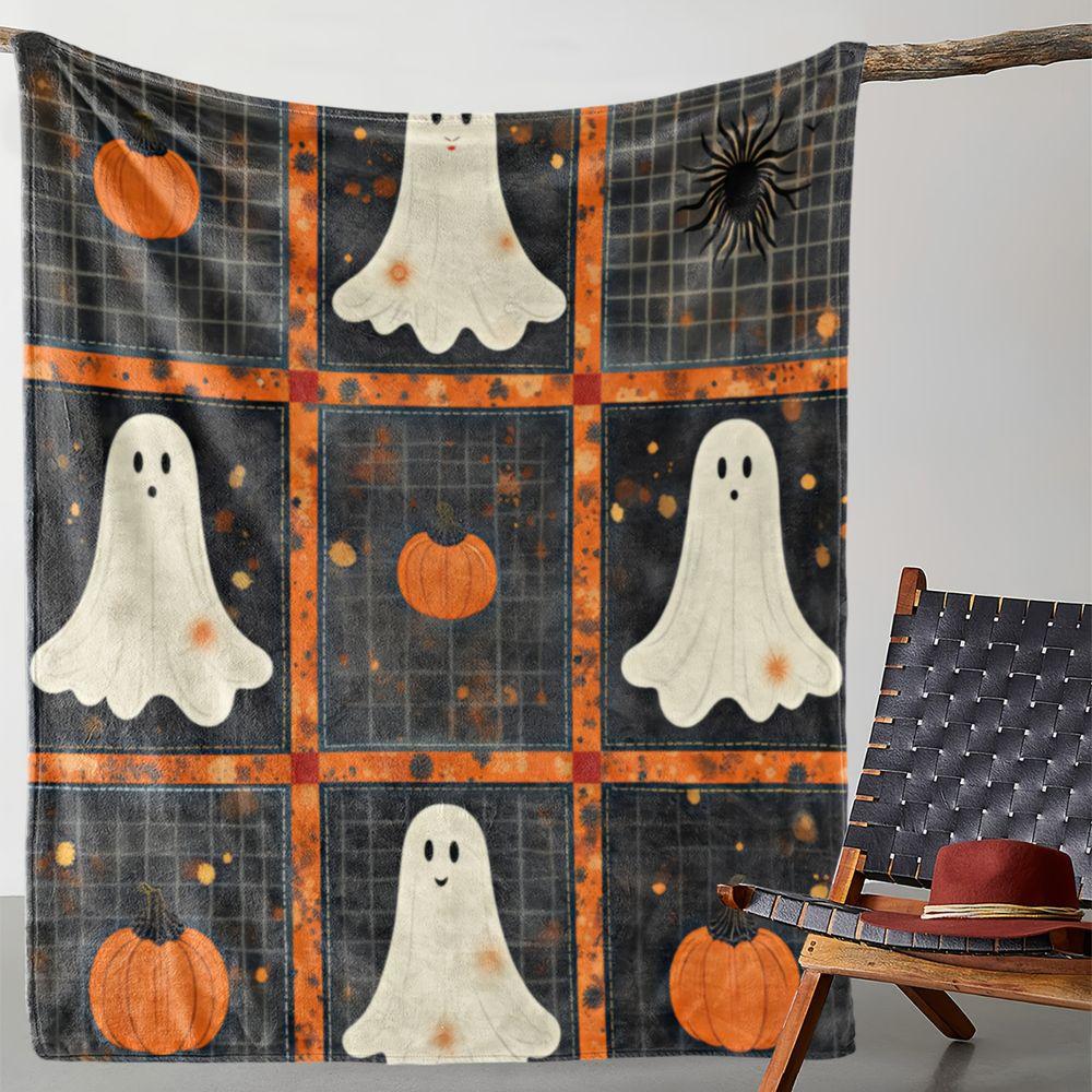 Vintage Pumpkin Ghost Pattern Flannel Throw Blanket Soft Warm Bed Sofa Cover,Decorative Autumnal Plaid Fleece Throw for Home Holiday Decor