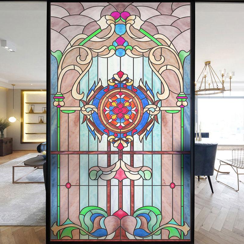 Colorful Stained Frosted Glass Film Modern Art Geometry Pattern Window Stickers Opaque Self-adhesive European Home Decor Privacy