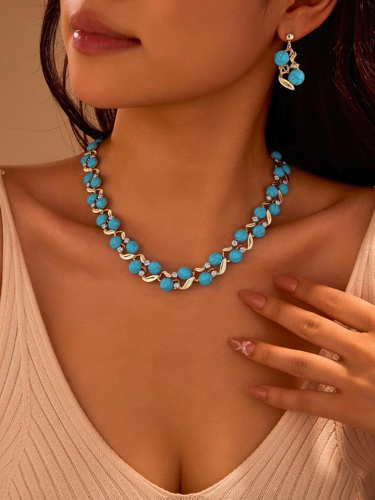 Vintage Turquoise Artificial Pearl Inlay Jewelry Set Necklace Earrings Elegant Statement Accessories for Women